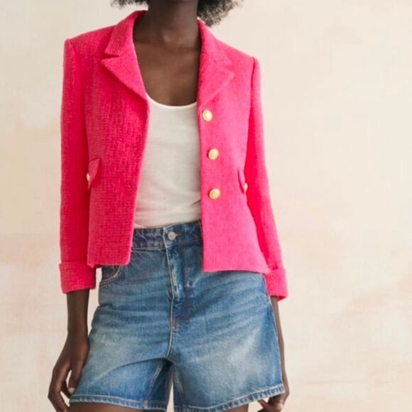 Zara Women's S Pink Fuchsia Tweed Textured Weave Blazer with Gold Buttons Accent - Picture 2 of 11